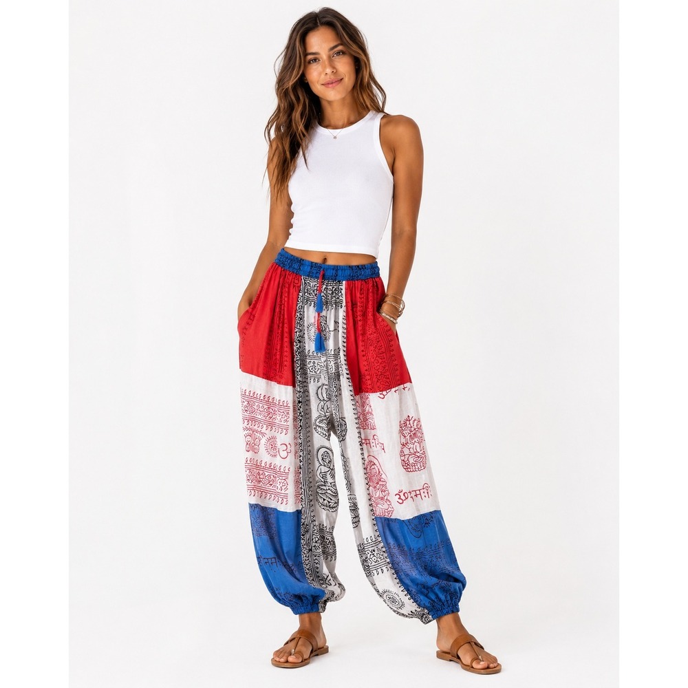 Boho Harem Pants Red White Blue Om Hindu Graphic Yoga Joggers Hippie Festival